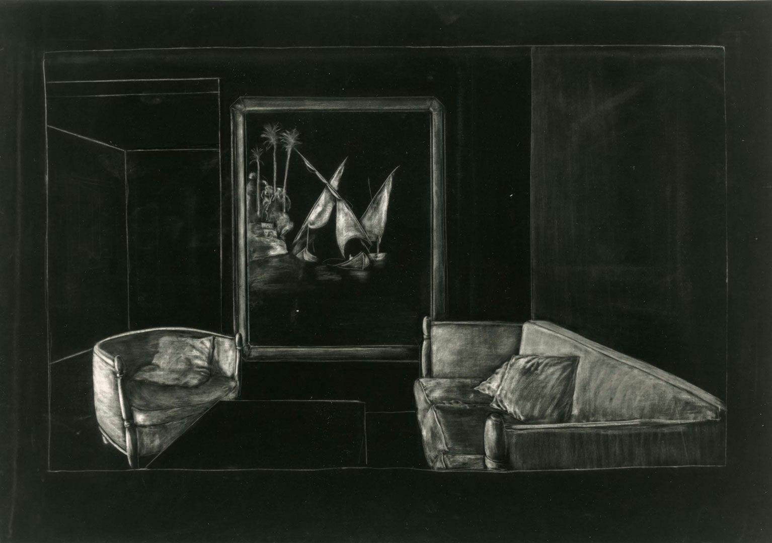 A white drawing on black paper by Juan Muñoz, titled Raincoat Drawing, dated 1989.